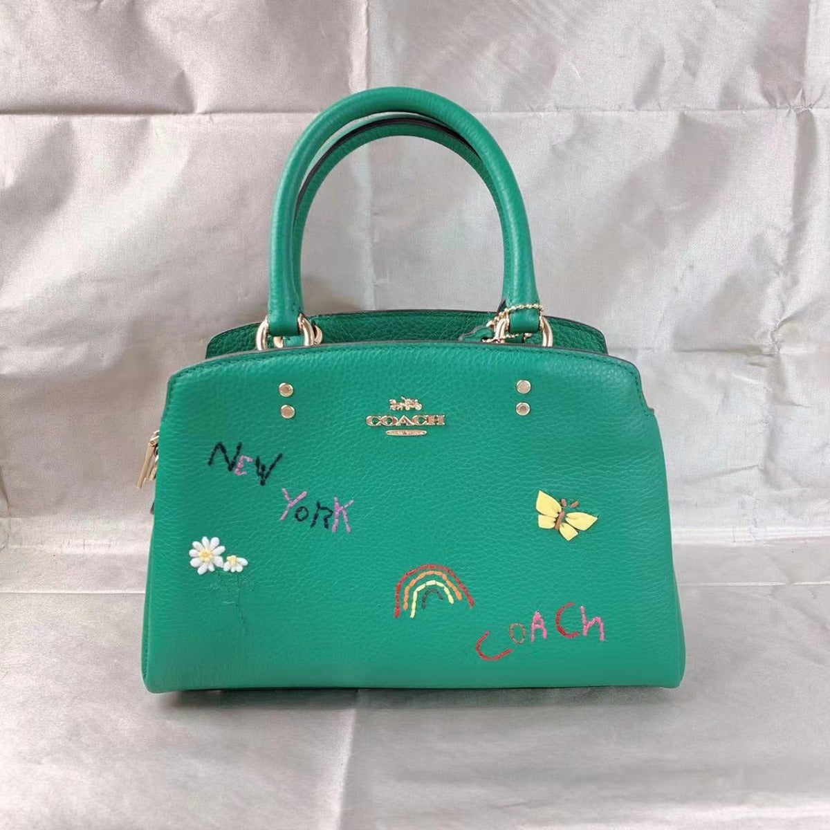 Coach C8364 Mini Lillie Carryall With Diary Embroidery In Gold/Green Multi Coach C8364 Mini Lillie Carryall With Diary Embroidery In Gold/Green Multi